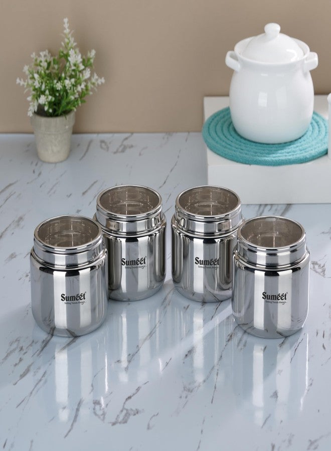 Sumeet Stainless Steel Small Canisters/Dabba/Storage Containers for Kitchen with See Through Lid, Set of 4 Pcs, 400ml Each, 9cm Dia, Silver - Image 1